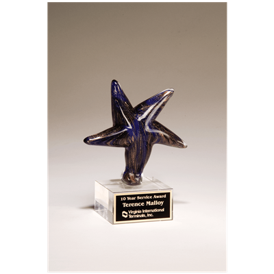 Blue Starfish<BR> Art Glass Trophy<BR> 7 Inches