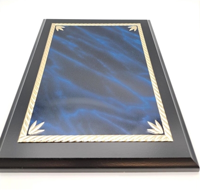 Ebony Finish Plaque<BR> Gold Ribbon Border<BR> Blue Mist Plate <BR>9x12