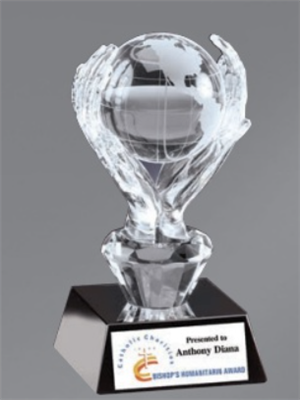 Ebony Globe & Hands<BR> Crystal Trophy<BR> 6 Inches