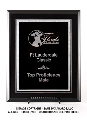 SAME DAY<BR>Ebony Finish Plaque<BR> Economy Corporate<BR> Black and Silver<BR> 7x9 to 9x12 Inches